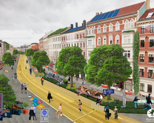 Visualisierung Ökolöwe: In der Straßenmitte sind Straßenbahngleise gelb markiert. Das soll einen verkehrsberuhigten Bereich symbolisieren. Links und rechts im Bild sind Straßenbäume und Sitzgelegenheiten in das Foto montiert