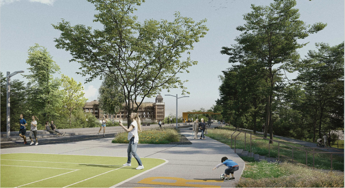 Visualisierung grauer Betongehwege im Grünen. Im Vordergrund ein Sportfeld mit einem Mädchen, das Federball und einem Jungen, der Ball spielt. Im Hintergrund viele Spziergänger