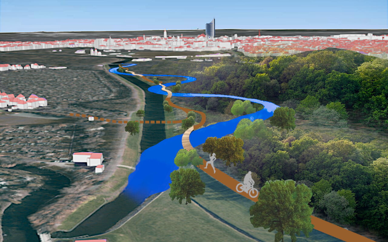 Die Visualisierung zeigt einen alternativen Flussverlauf ohne Deiche mit neuem Weg auf der östlichen Seite