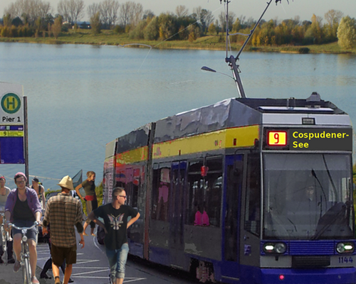 Straßenbahn Linie 9 am Cospudener See: Montage: Ökolöwe