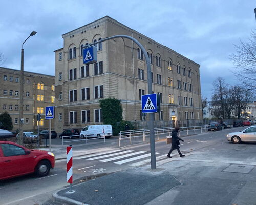 Zebrastreifen Nürnberger Straße. Neuer Fußgängerüberweg vor der Georg-Schumann-Schule