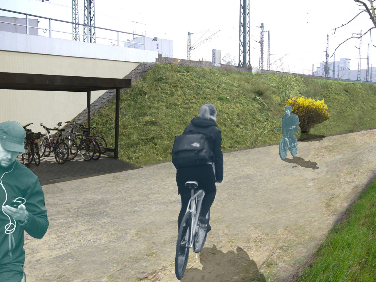 Radfahrerin auf Radweg neben Bahndamm. Daneben eine kleine Fahrrad-Garage.