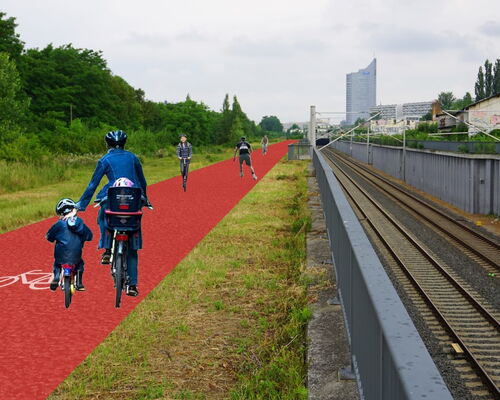 Blick auf Fotomontage, Bahngelände am Bayrischen Bahnhof, im Hintergrund der Uni-Riese, im Vordergrund Radfahrer auf einem roten Radweg