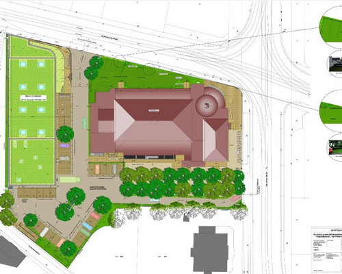 Ansicht der zweiten Zufahrt für den REWE Supermarkt durch den Biergarten an der Karl-Heine-Straße