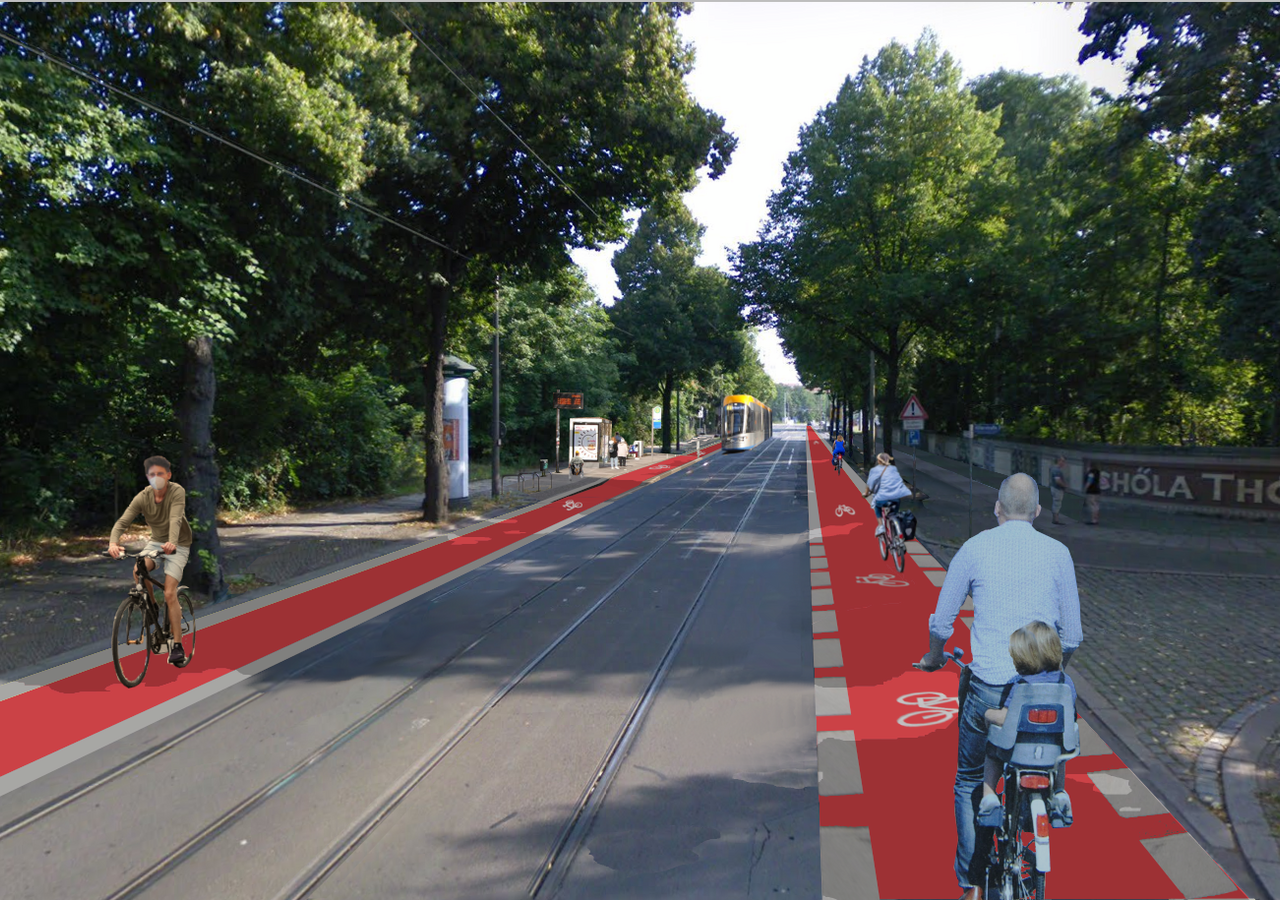 Käthe-Kollwitz-Straße im Bachviertel in Leipzig mit Radwegen, Straßenbäumen und Straßenbahnhaltestellen
