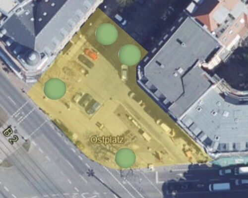 Ein Luftbild zeigt den Ostplatz in Leipzig. Gelb markiert ist die Fläche, die für einen Umbau in Frage kommt.