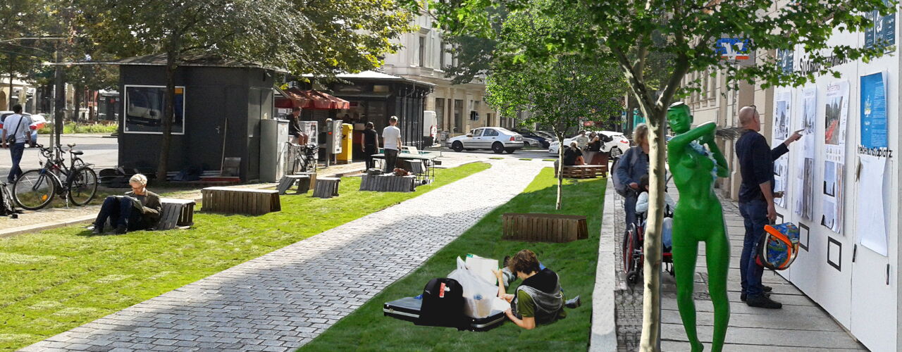 Mehr Grün und Sitzgelegenheiten für den Südplatz in Leipzig links im Bild. Rechts im Bild Austellungstafeln des Ökolöwen mit Umbauvarianten für den Südplatz