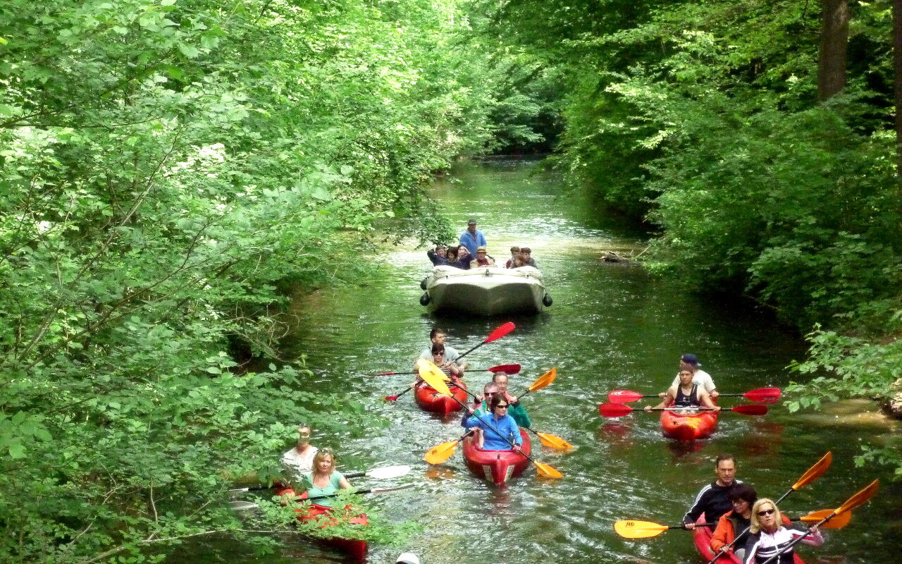 Motorboot mit Paddlern im Vordergrund