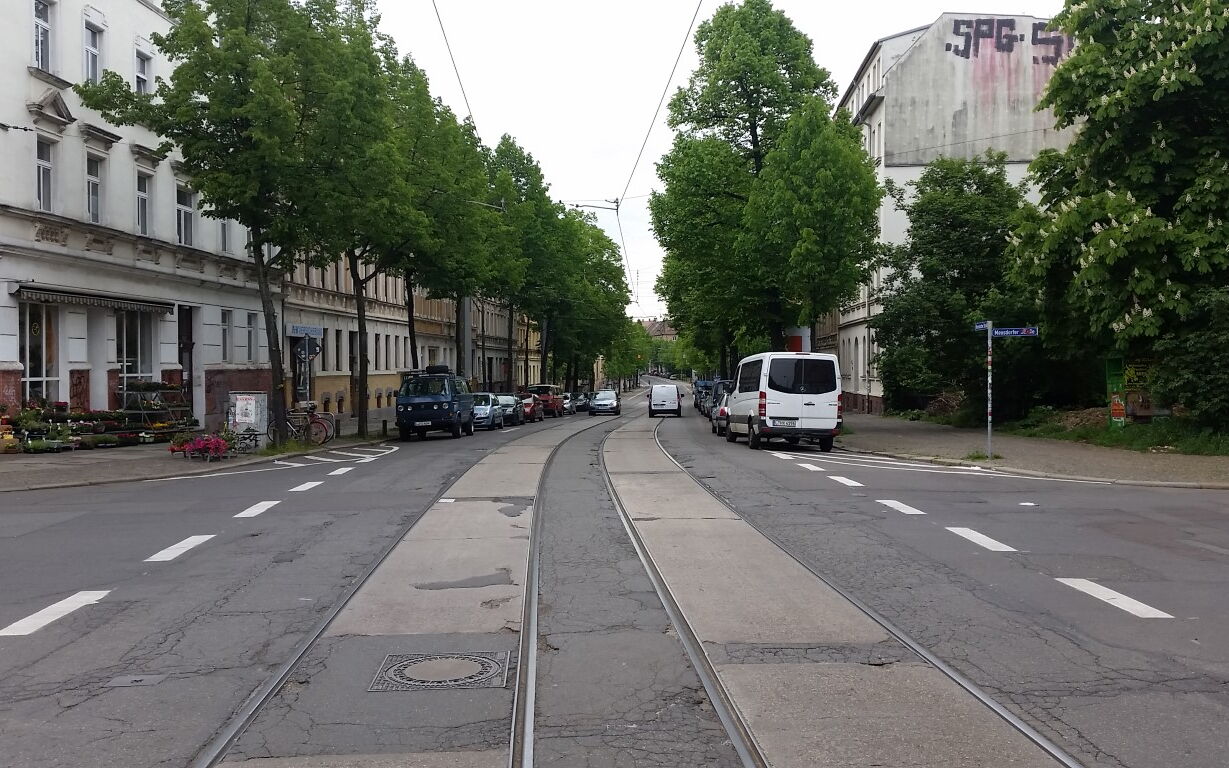 Bornaische Straße mit Straßenbahnschienen, Straßenbäumen und parkenden Autos. Der Asphaltbelag der Straße ist brüchig. In den Schienen liegen Betondecken.