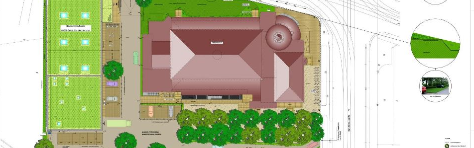 Ansicht der zweiten Zufahrt für den REWE Supermarkt durch den Biergarten an der Karl-Heine-Straße