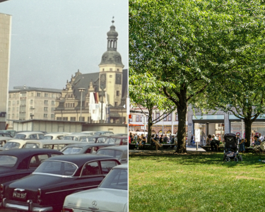 links der Bereich zwischen Thomaskirche und dem Marktplatz in der Leipziger Innenstadt voller Autos. Rechts grüne Parkanlage mit Bäumen nach dem Umbau an selber Stelle