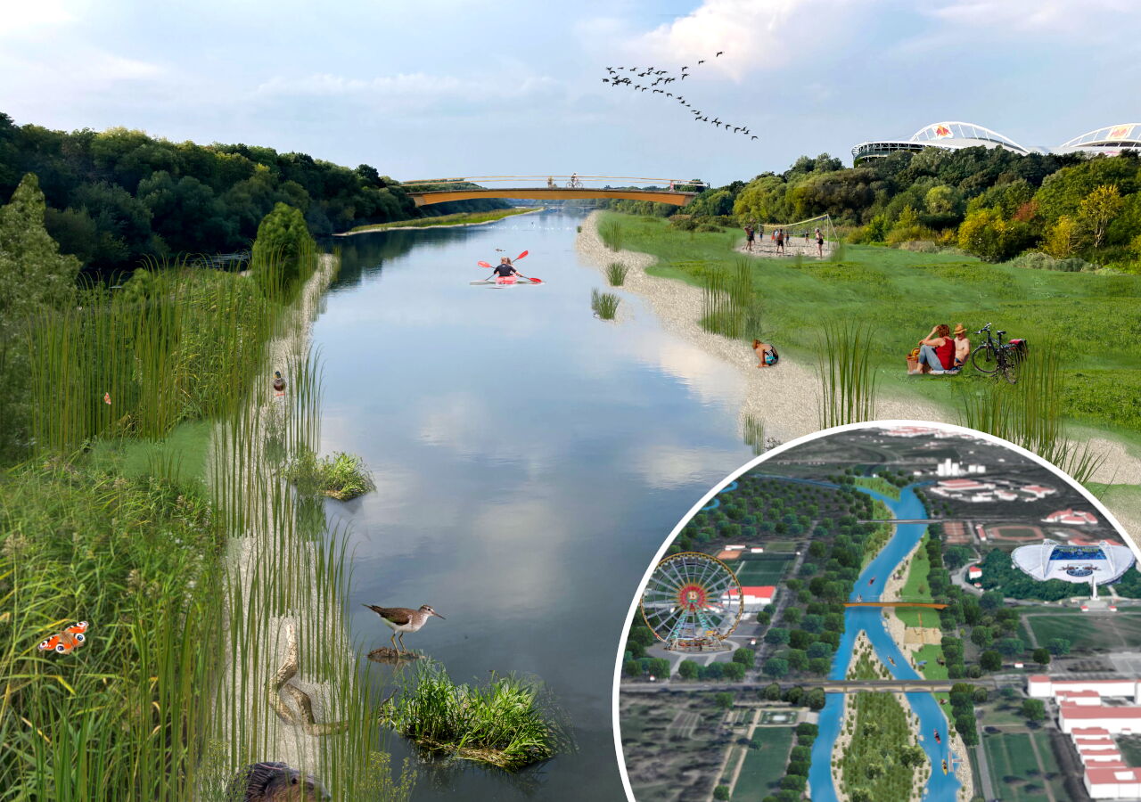 Eine Visualisierung, wie das Elsterbecken in Zukunft aussehen sollte: mit einem geschwungenen Fluss, Inseln und Sandbänken.