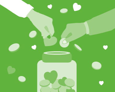 Es ist eine Grafik zu sehen, die zwei Hände zeigt, die Geld und Herzen in ein Spendenglas geben.