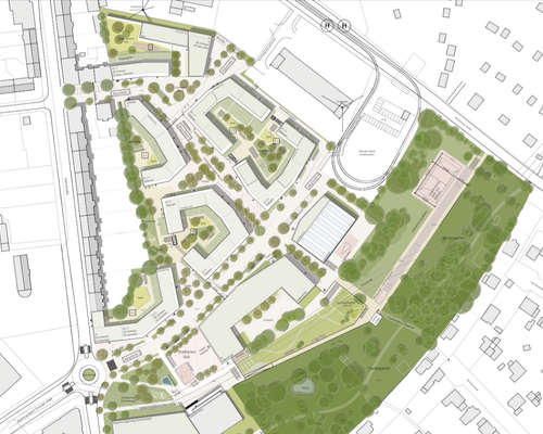 Ein Lageplan des neuen Viertels zeigt wo Grünflächen, neue Häuser und Straßen entstehen