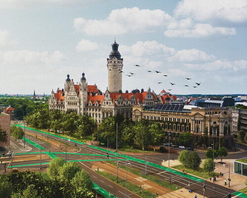 Blick vom Wilhelm-Leuschner-Platz auf das neue Rathaus und den künftigen Radwegen auf dem Ring.st.