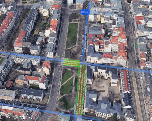 Luftbild mit Planskizze von Floßplatz und Harkortstraße in Zentrum-Süd in Leipzig