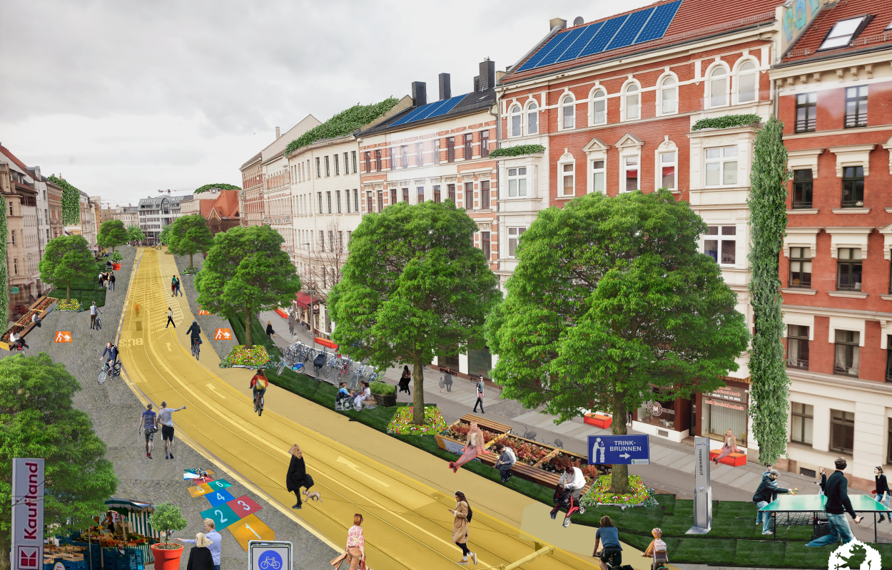 Visualisierung Ökolöwe: Die Dresdner Straße als verkehrsberuhigter Bereich mit Straßenbahn, Radfahrern, Fußgängern und vielen neuen Straßenbäumen sowie Spiel- und Sitzgelegenheiten