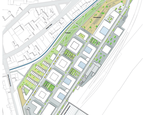 Planansicht eines autofreien Quartiers neben dem Hauptbahnhof Leipzig