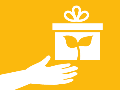 Eine Grafik mit einer Hand, die ein Geschenk hält.