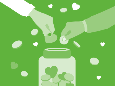 Es ist eine Grafik zu sehen, die zwei Hände zeigt, die Geld und Herzen in ein Spendenglas geben.