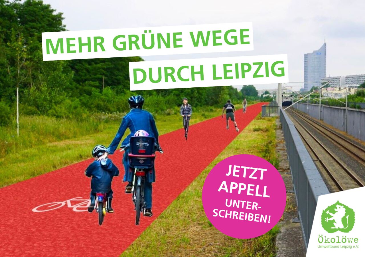Grafik: Ein roter Radweg im Grünen neben der S-Bahn am Bayerischen Bahnhof. Aufschrift: Mehr grüne Wege durch Leipzig - Jetzt Appell unterschreiben!