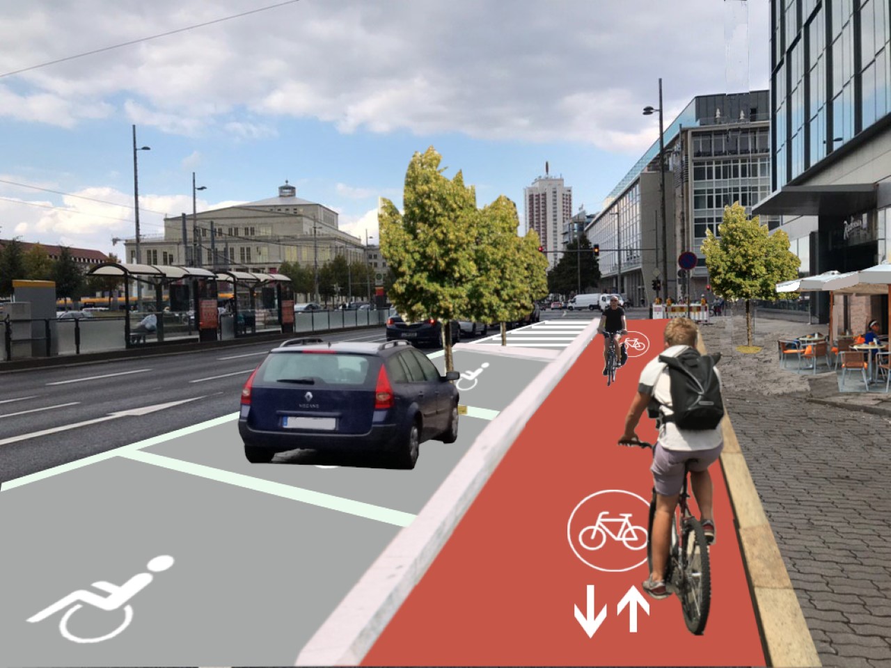 Zweirichtungsradweg und Parkplätze für Menschen mit Handicap am Augustusplatz