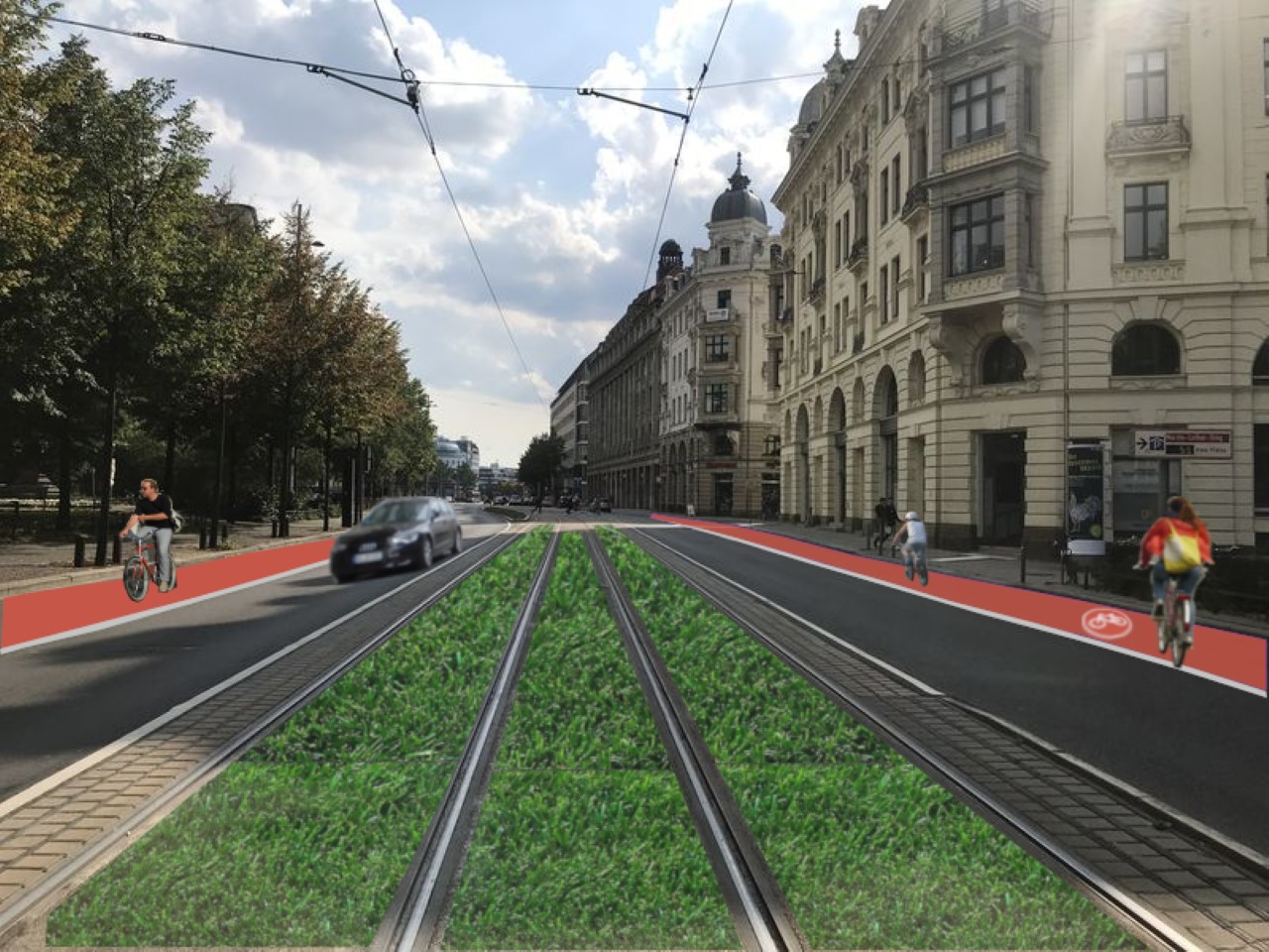 Entlang des Dittrichrings und des Martin-Luther-Rings reichen einfache Radfahrstreifen auf den jeweils äußeren Kfz-Spuren aus