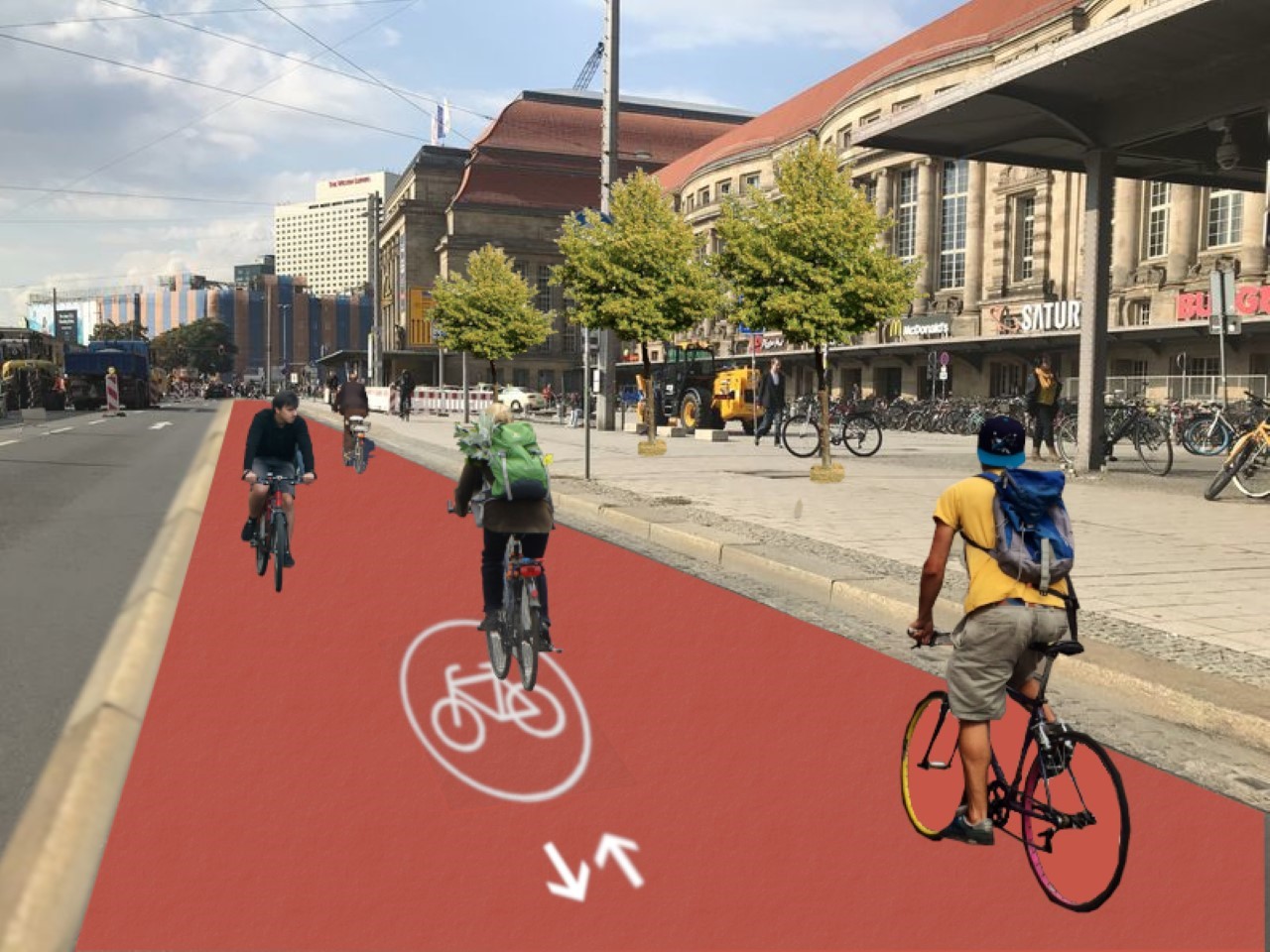 Vor dem Hauptbahnhof entsteht ein großzügiger Zweirichtungsradweg, der baulich vom Kfz-Verkehr getrennt wird.