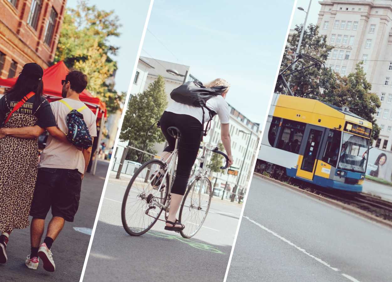 Dreigeteiltes Foto. Links: Ein Pärchen Arm in Arm zu Fuß, Mitte: Eine Person auf einem weißen Rennrad, Rechts: eine Straßenbahn der LVB