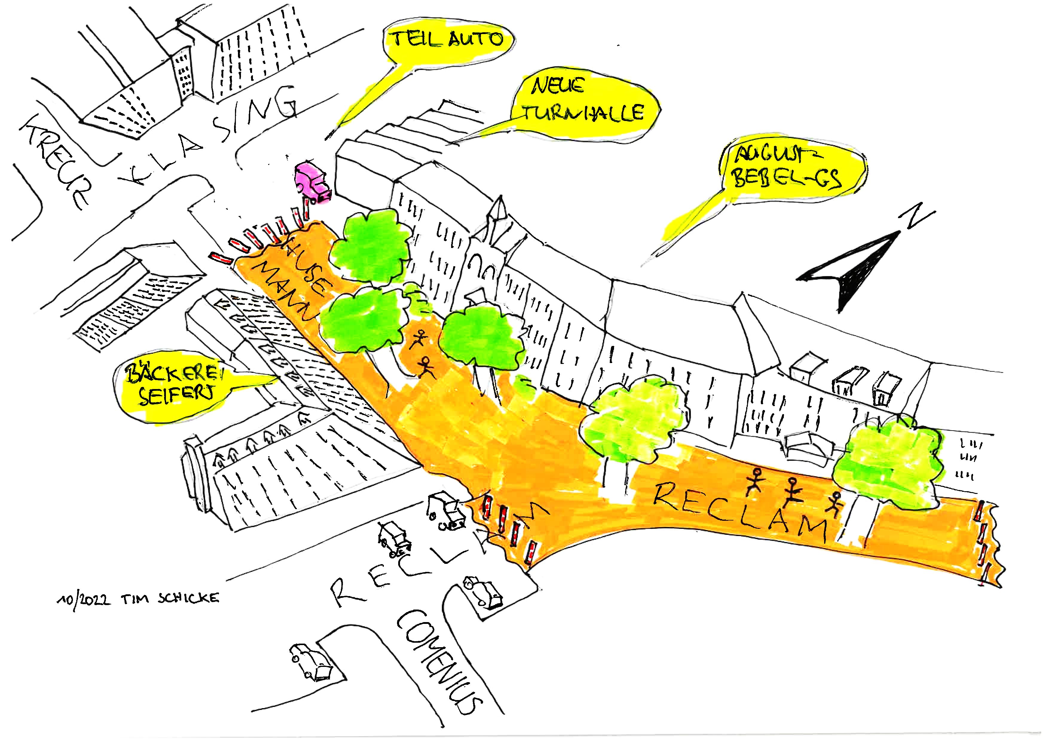 Konzeptskizze für eine autofreie Schulstraße von der Elterninitiative der August-Bebel-Schule aus dem Jahr 2022. Der Abschnitt der Reclamstraße konnte leider nicht autofrei werden. Straßenbäume werden noch gepflanzt. Grafik: Tim Schicke
