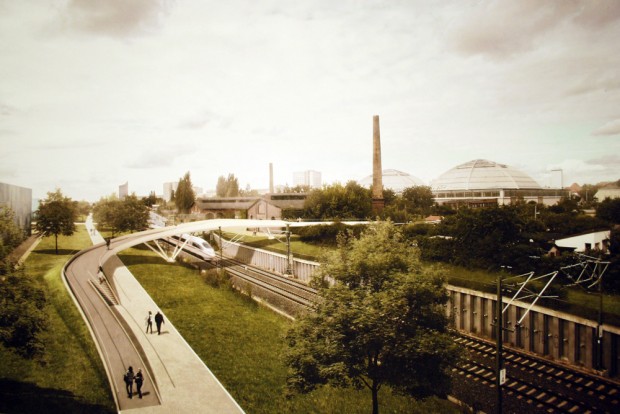 Visualisierung Fuß-/Radbrücke über die Gleise der S-Bahn auf Höhe Steinstraße für den Masterplan Bayerischer Bahnhof