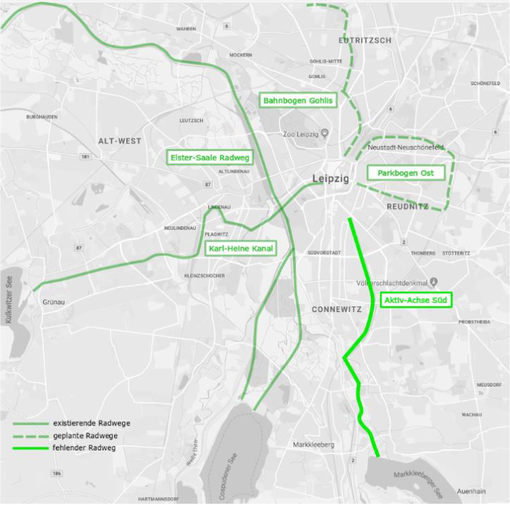 Auswahl vorhandener und geplanter grüner Wegeverbindungen in Leipzig (Grafik Ökolöwe)