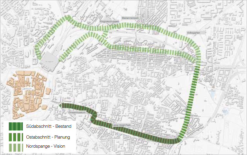 Der Parkbogenverlauf gliedert sich in die drei Bereiche: Südabschnitt, Ostabschnitt und Nordspange (Grafik: Stadt Leipzig)