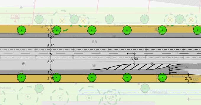 Straßenquerschnitt der Verwaltung mit überbreiten Autospuren