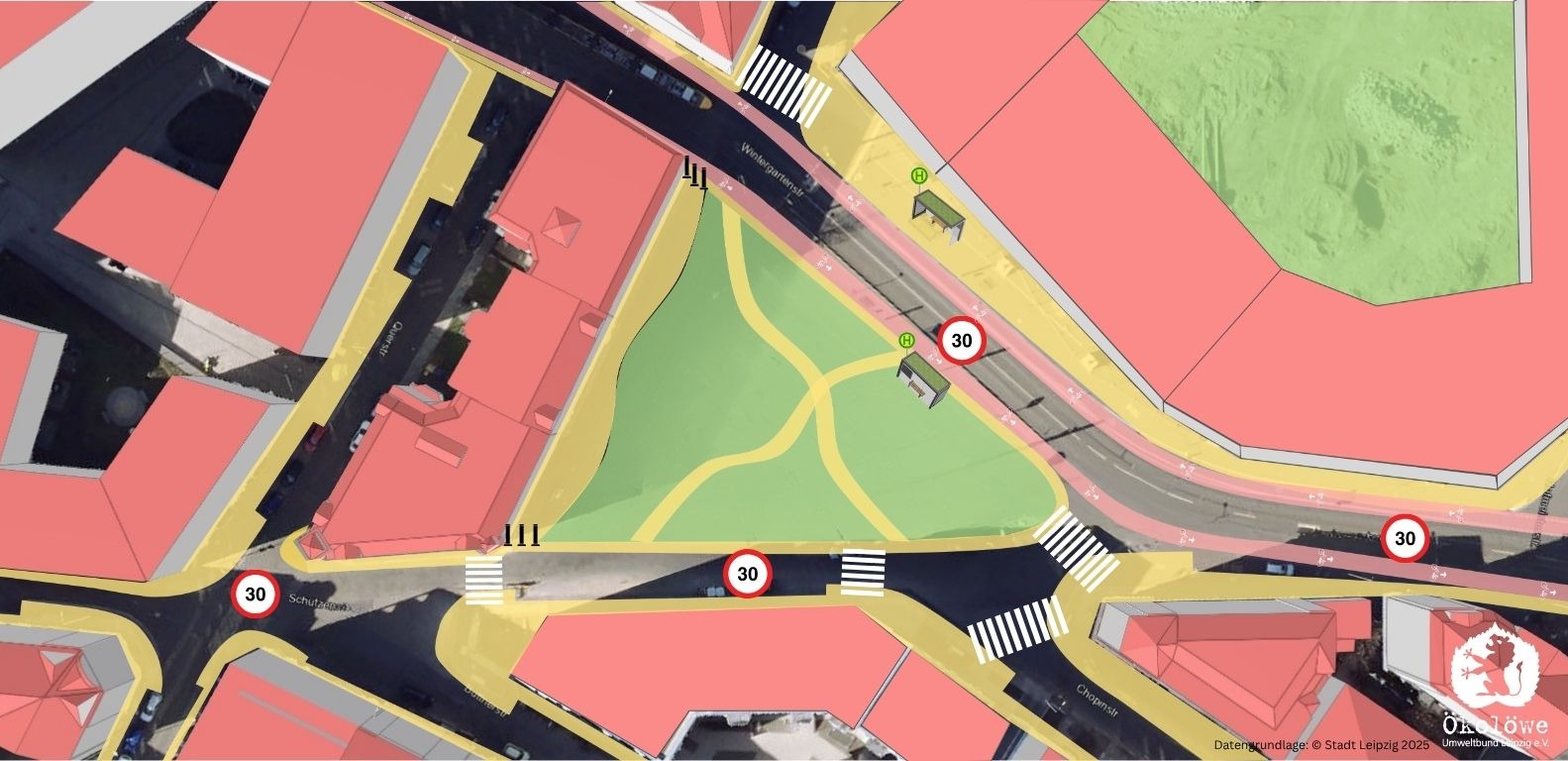 Das Bild zeigt eine schematische Karte der Straßen rund um den Hahnekammplatz in Leipzig. Die umliegenden Gebäude sind in vereinfachten 3D-Modellen dargestellt.