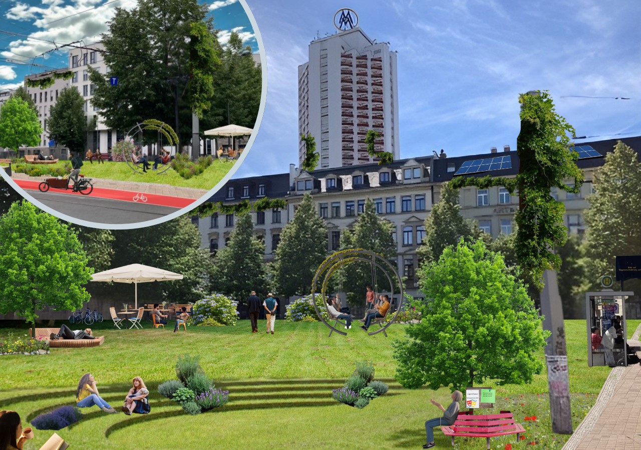 Visualisierung grüner Platz mit Wiese, Sitzgelegenheiten, Menschen, die sich aufhalten, eine Schaukel und im Hintergrund Wohnhäuser und das Messehochhaus Leipzig