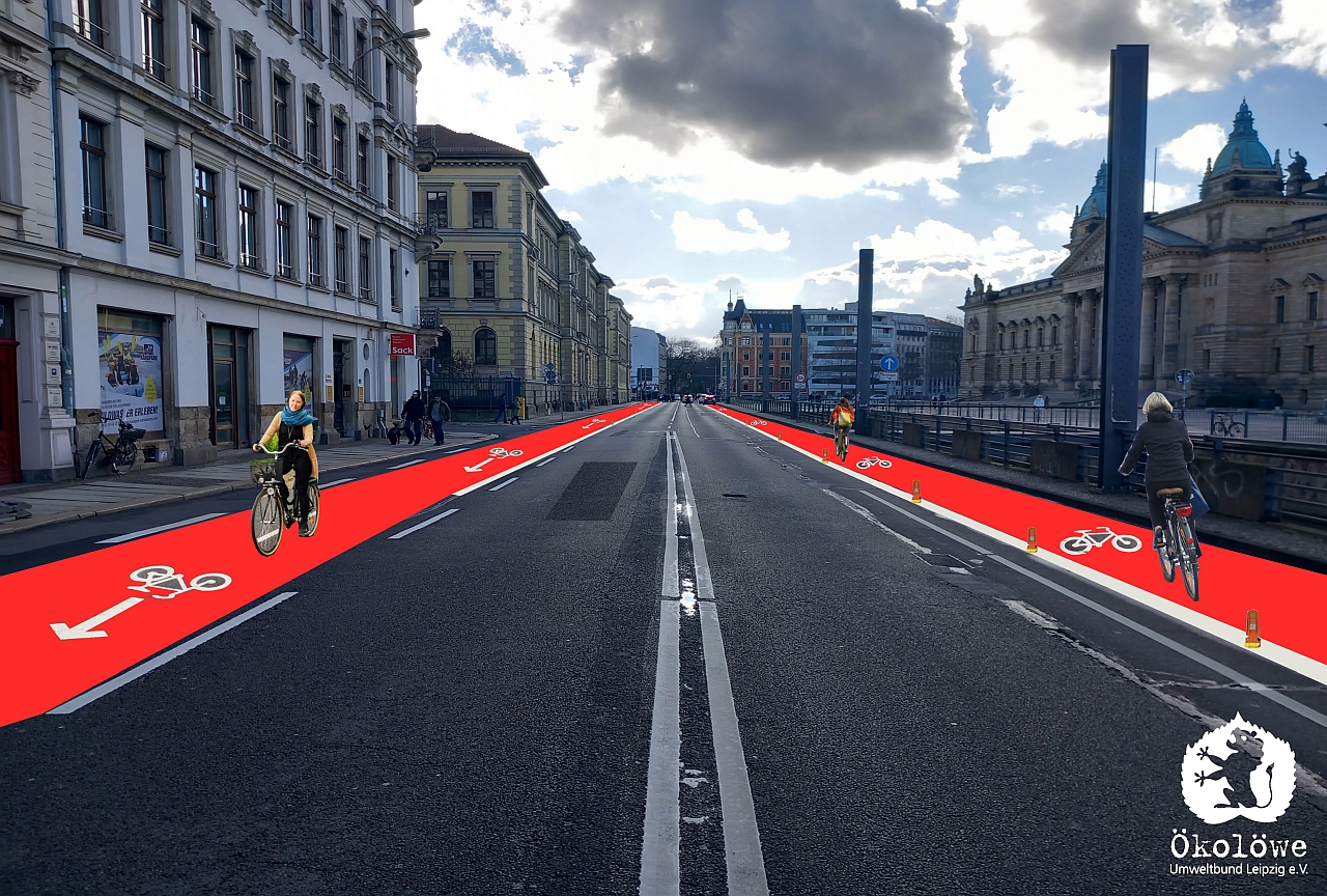 Visualiserung von roten Radfahrstreifen am linken und rechten Fahrbahnrand der Harkortstraße in Leipzig. am rechten Bildrand sieht man das Bundesverwaltungsgericht