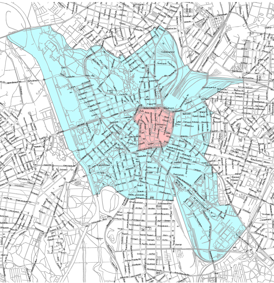 Eine Karte zeigt das Zentrum der Stadt Leipzig. Die Innenstadt ist rot markiert. Ringsrum bis einschließlich der Bahnanlagen ist blau markiert. Weiter außen ist die Karte weiß