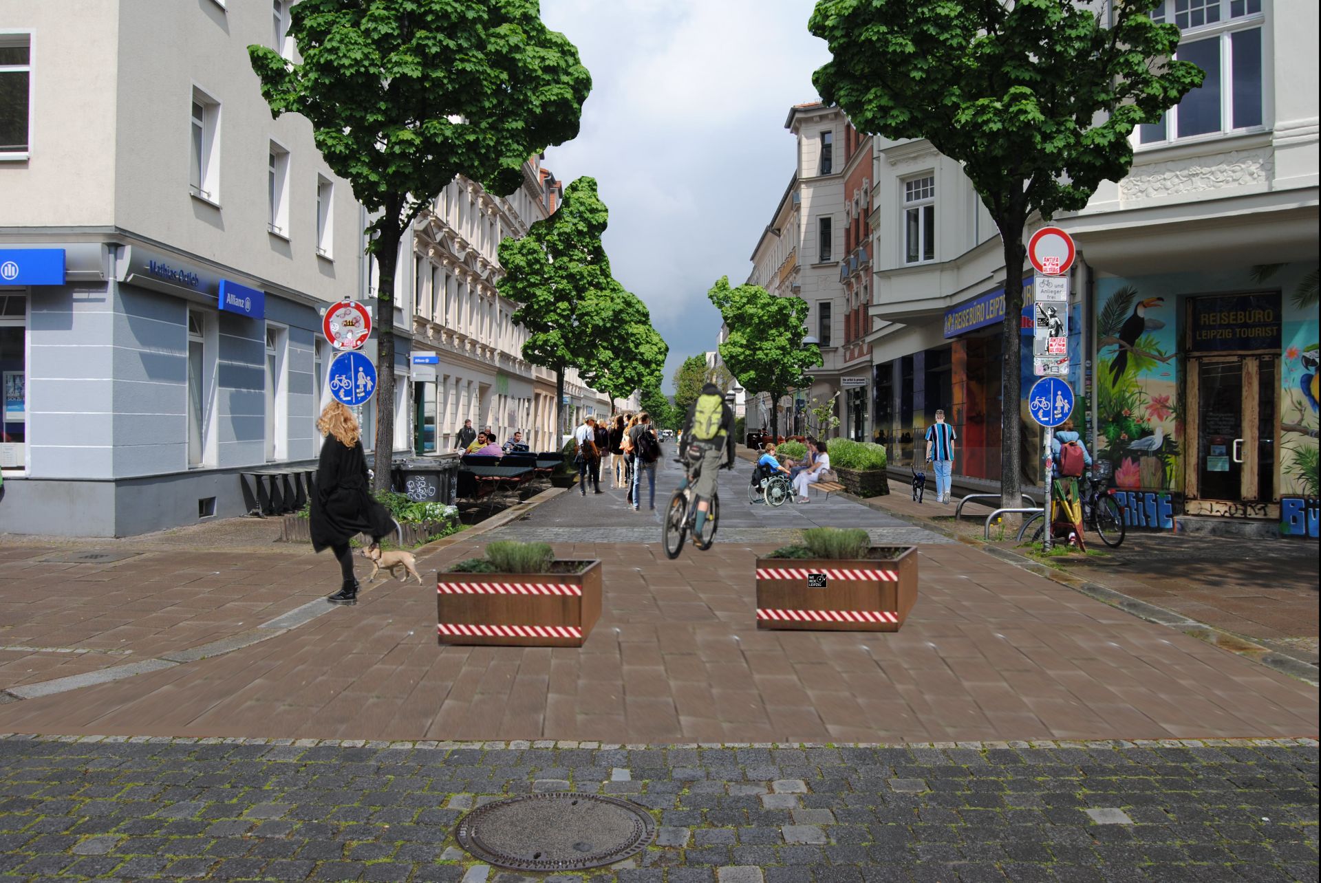 Auf der autofreien Merse gibt es genug Platz Fußgänger:innen. Grafik: Ökolöwe