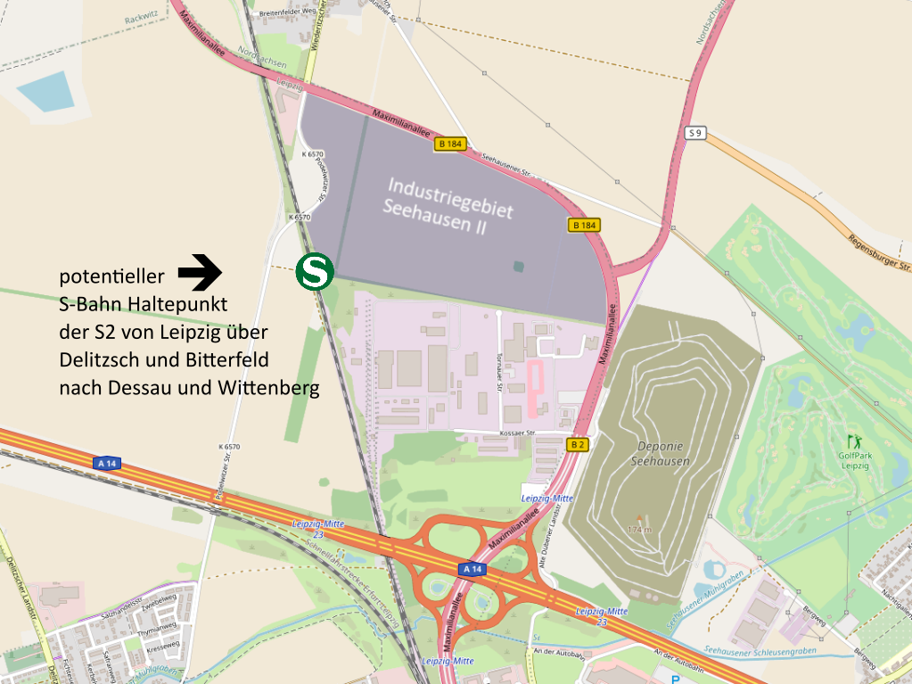 Kartenansicht mit den Industriegebieten Seehausen I und Seehausen II. Ein Punkt macht kenntlich, wo eine S-Bahn-Haltestelle eingerichtet werden sollte.