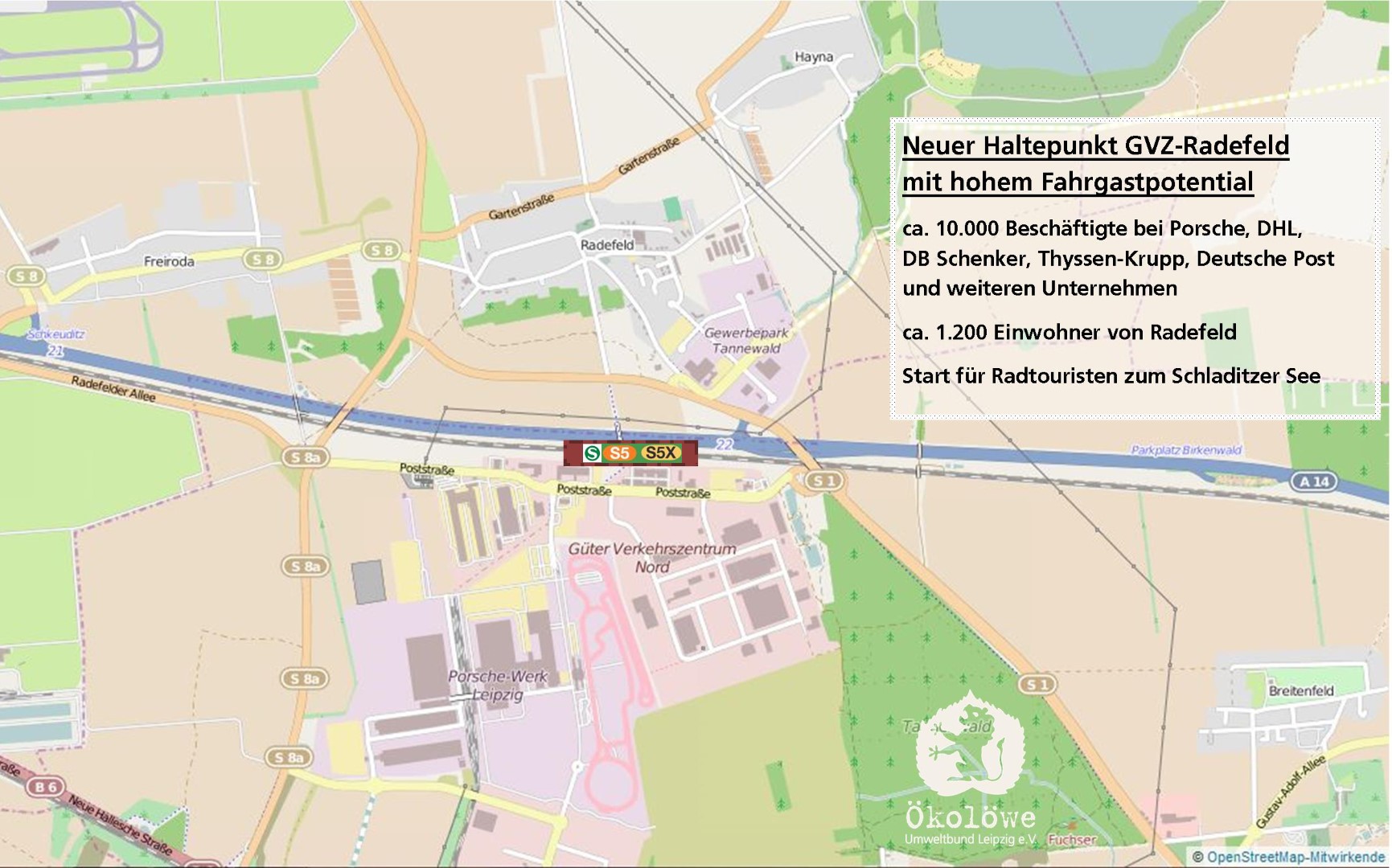Die Ansicht zeigt eine Grafik von uns Ökolöwen mit der Markierung eines neuen Haltepunkts GVZ-Radefeld für die S-Bahn Leipzig-Halle