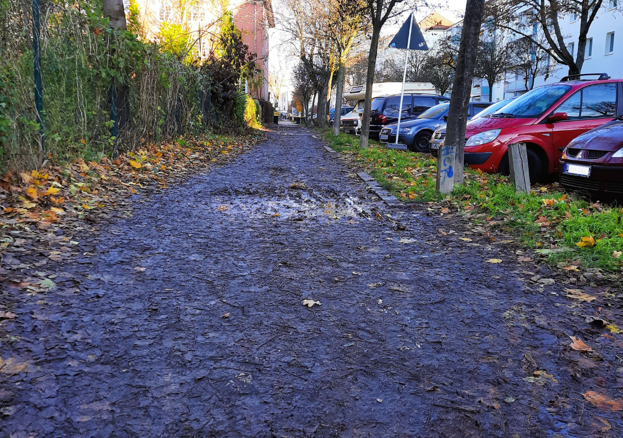 Der Fußweg entlang der Fockestraße ist ein Matschweg.
