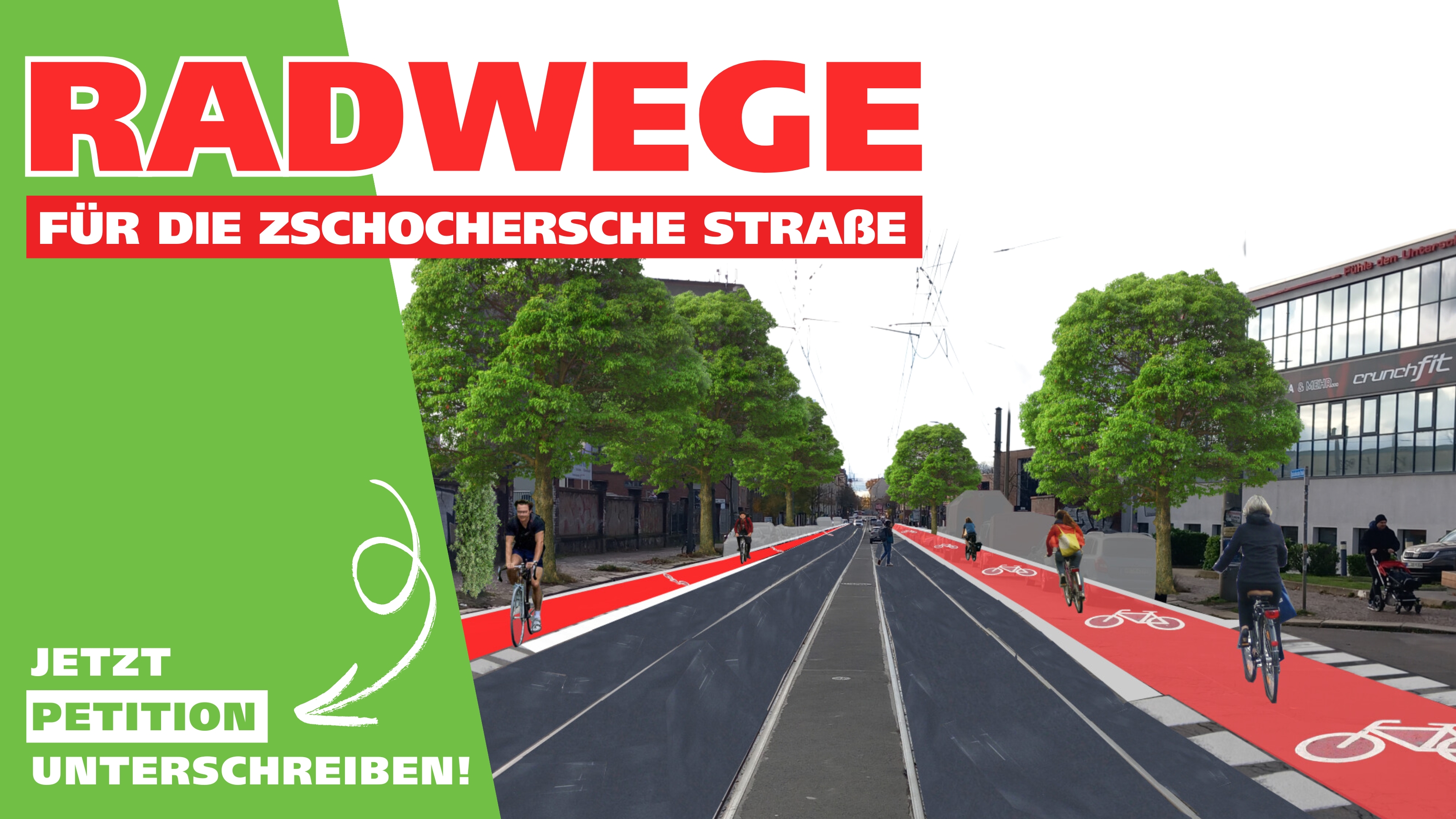 Die Zschochersche Straße in Plagwitz ist nicht sicher. Es fehlen Radwege und der Zustand der Straße ist in einem katastrophalen Zustand. Unterschreibe die Petition, damit sich das ändert.