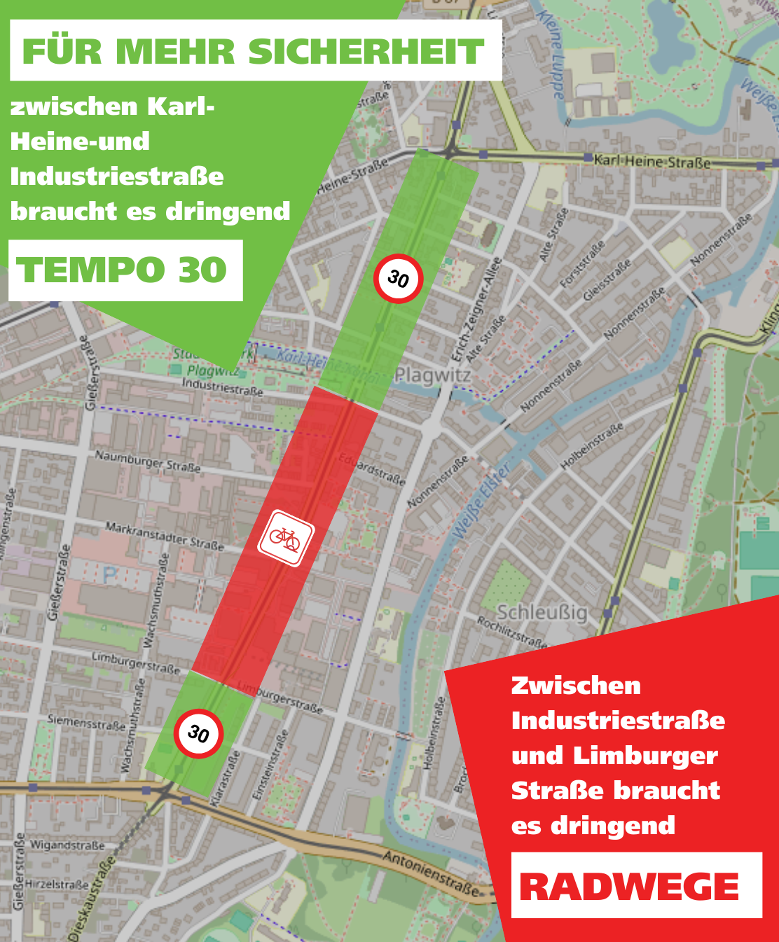 Auf der Hauptstraße braucht es dringend Radwege und Tempo 30. Wir Ökolöwen schlagen diese Abschnitte für Radfahrer und Autos vor und eine Sanierung der Straße.