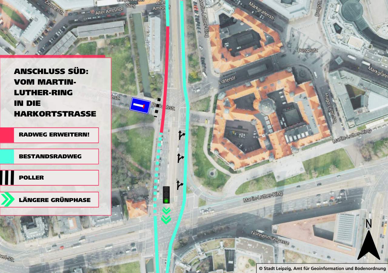 Für mehr Sicherheit auf dem südlichen Ringradweg braucht es Radwege auf dem Martin-Luther-Ring in die Harkortstraße, längere grüne Ampelphasen und Poller.