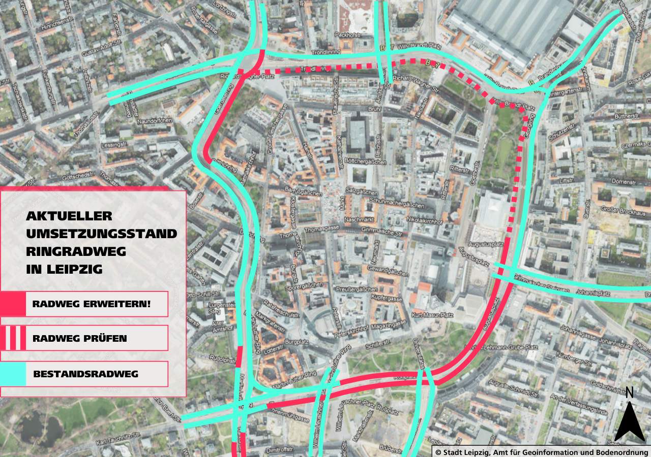 Aktueller Umsetzungstand des Ringgradweges in Leipzig | Grafik: Ökolöwe e. V.