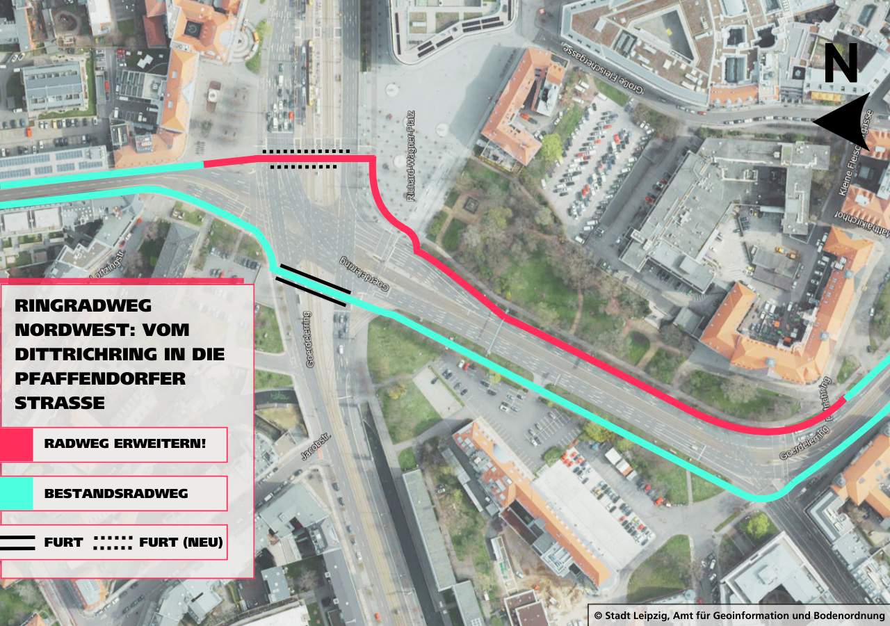 Wir Ökolöwen fordern, das der Ringradweg im Norden geschlossen wird. Über eine Furt gelangen Radfahrer:innen sicher in die Pfaffendorfer Straße.