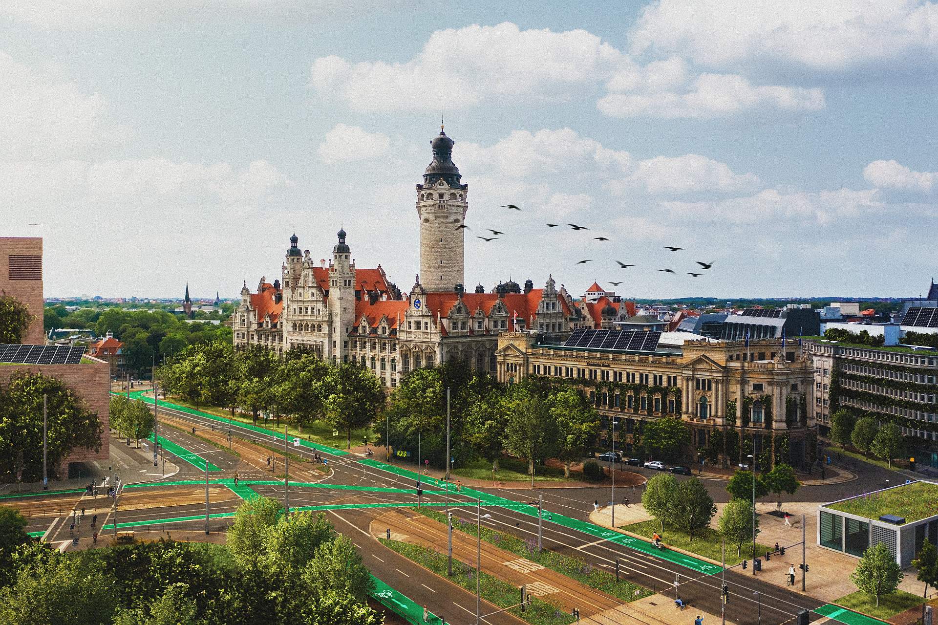 Die Visualisierung zeigt, wie der Ringradweg entlang des neuen Rathauses aussehen kann. Wir Ökolöwen kämpfen für sicheres Radfahren auf dem Ring. und weniger Verkehrsunfälle.