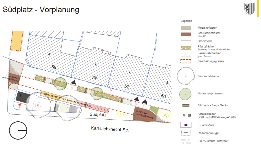 Lageplan vom Südplatz in Leipzig mit der Darstellung der Umbaumaßnahmen. Es werden 2 neue Bäume gepflanzt sowie Blühflächen und Sitzgelegenheiten angelegt.