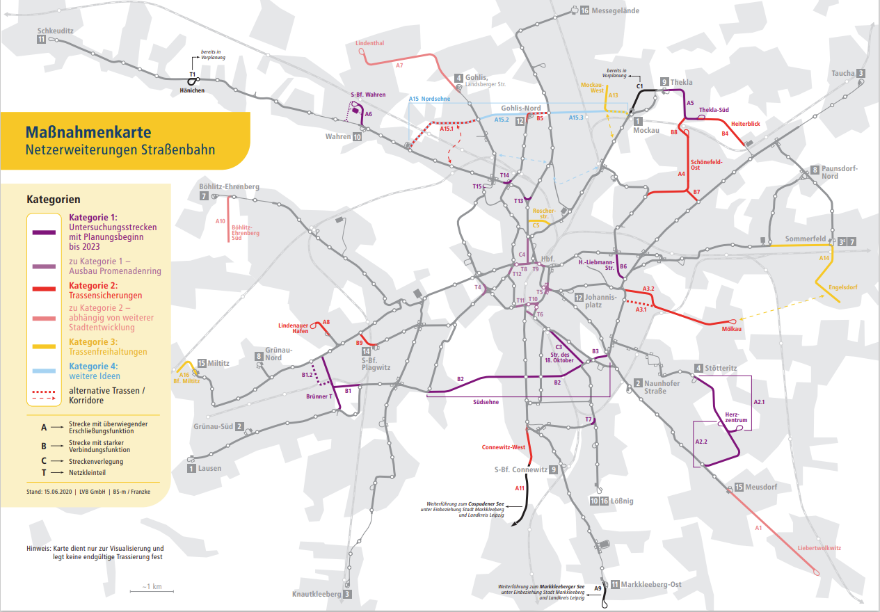 Karte Netzerweiterung der Leipziger Verkehrsbetriebe / LVB